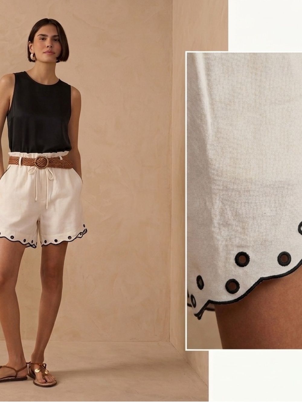 Dress To Women's 2 White Linen Drawstring Shorts Scalloped Eyelet Pockets